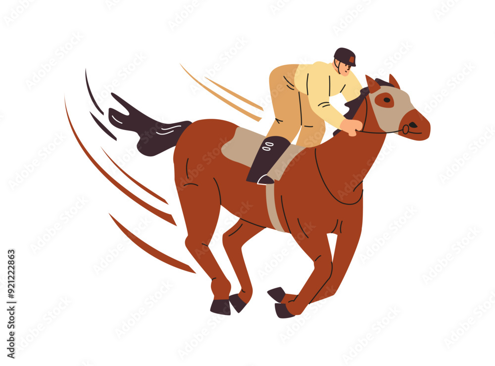 Horse racing, jockey sprinting on a brown horse, vector cartoon equine sport competition with movement lines Horse racing, jockey sprinting on a brown horse, vector cartoon equine sport competition with movement lines