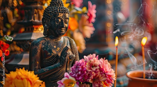 Traditional Buddha statue with colorful floral arrangements and incense burning in the background. 