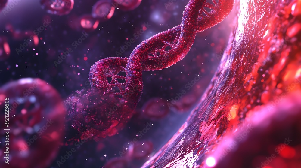 Close-up of DNA strand inside the body, showcasing the intricate details and vibrant colors of molecular biology and genetic research. Close-up of DNA strand inside the body, showcasing the intricate details and vibrant colors of molecular biology and genetic research.