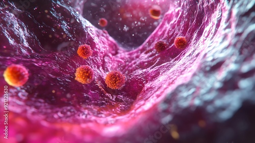 Close-up view of a virus or bacteria particle in a biological environment, featuring vibrant colors and detailed textures. photo