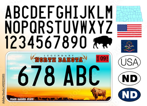 North Dakota car license plate pattern, numbers, letters and symbols, USA, United States, vector illustration
