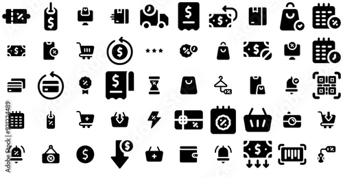 Set Of Cyber Monday Glyph Icons Web Header Banner Design Containing Purchase,Offer,Discount,Payment,Sale Vector Icon Set Linear Pictogram Pack