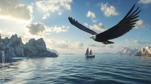 A large eagle is flying over a body of water with mountains in the background photo