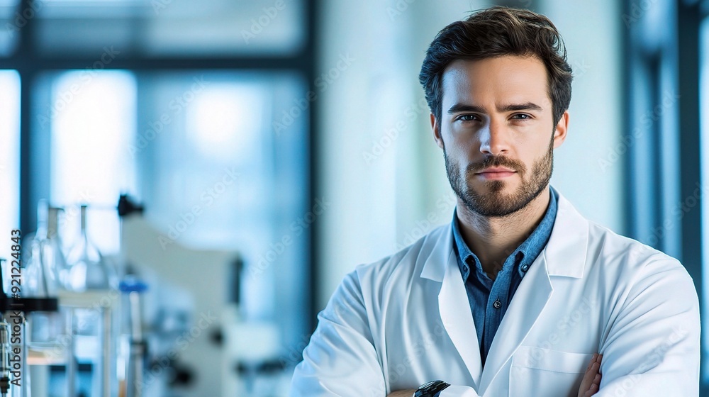 A serious and determined young scientist in a lab coat stands with his arms crossed, gazing directly at the camera in a portrait that embodies scientific curiosity and dedication. A serious and determined young scientist in a lab coat stands with his arms crossed, gazing directly at the camera in a portrait that embodies scientific curiosity and dedication.