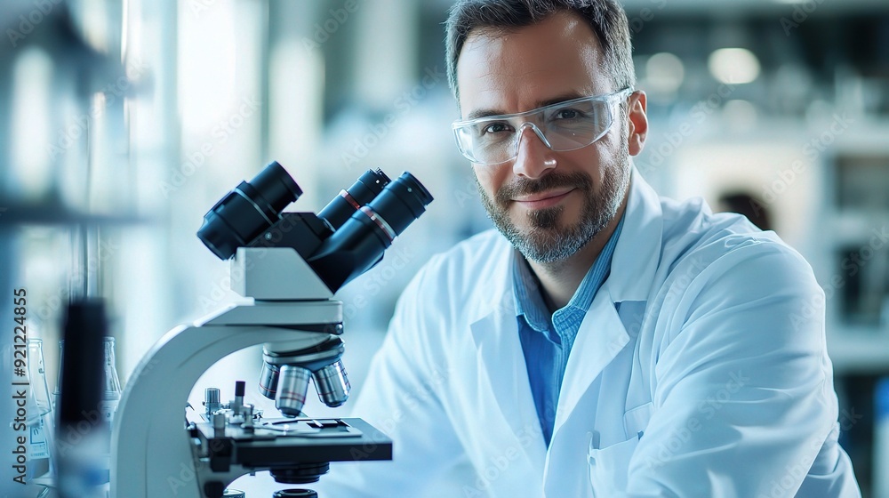 The Curious Scientist: A confident scientist, clad in a white lab coat and safety glasses, gazes intently through a microscope The Curious Scientist: A confident scientist, clad in a white lab coat and safety glasses, gazes intently through a microscope