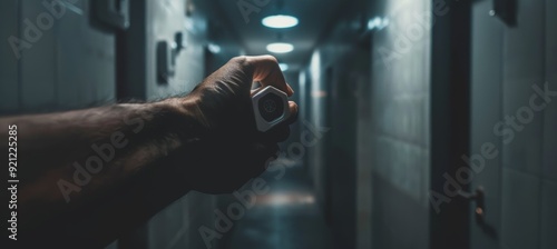 Hand Holding Self Defense Alarm Device in Dark Hallway - Security and Safety Concept