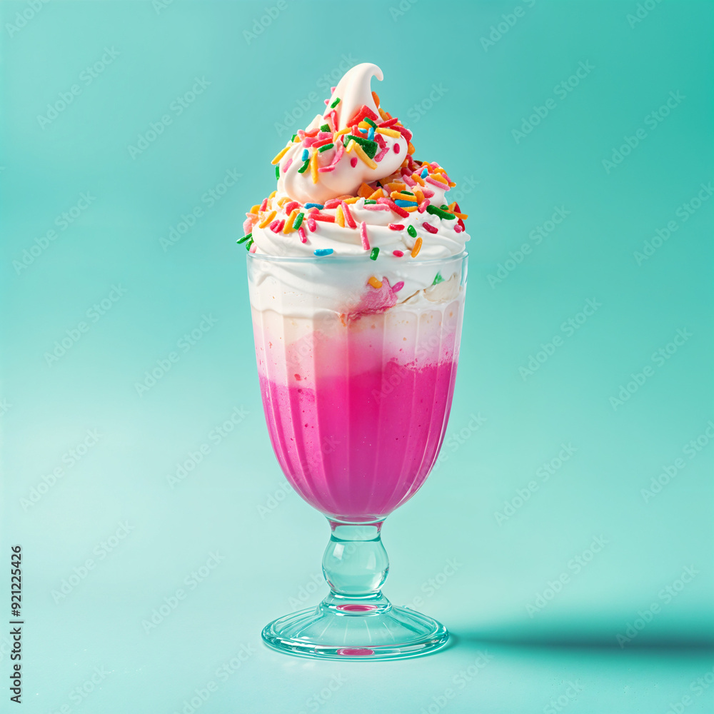 Delicious vanilla flavored ice cream float with pink strawberry syrup stripe in a tall glass cup with rainbow sprinkles, isolated on blue background Delicious vanilla flavored ice cream float with pink strawberry syrup stripe in a tall glass cup with rainbow sprinkles, isolated on blue background