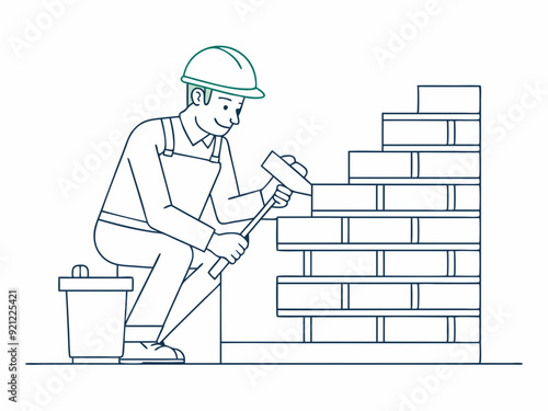 continuous single line drawing of mason building wall, bricklaying line art vector illustration
