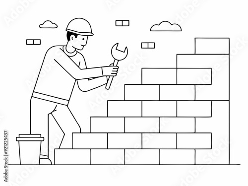 continuous single line drawing of mason building wall, bricklaying line art vector illustration

