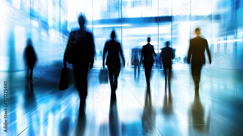 Silhouettes of Success: Blurred silhouettes of business professionals stride confidently through a modern office building, a symbol of ambition and forward momentum. 