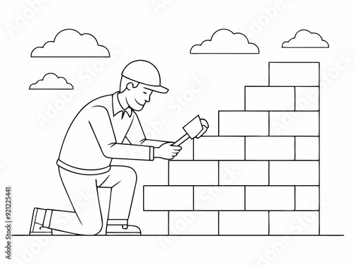 continuous single line drawing of mason building wall, bricklaying line art vector illustration

