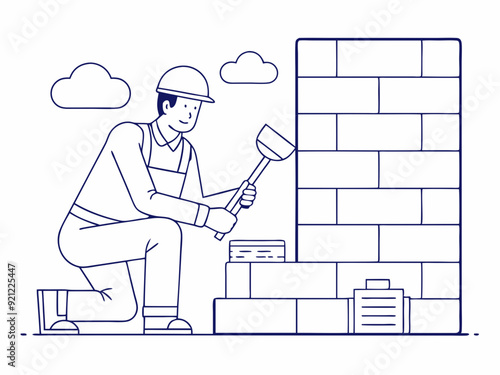 continuous single line drawing of mason building wall, bricklaying line art vector illustration
