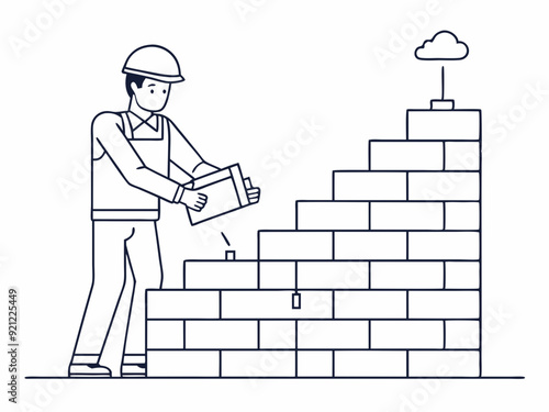 continuous single line drawing of mason building wall, bricklaying line art vector illustration
