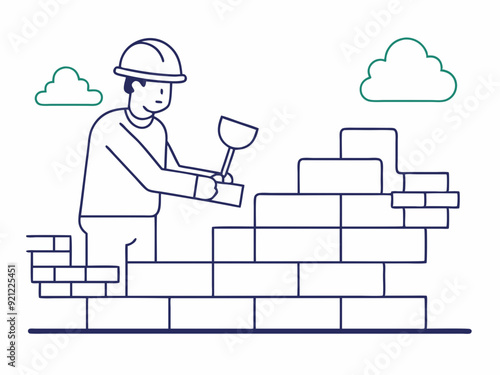 continuous single line drawing of mason building wall, bricklaying line art vector illustration
