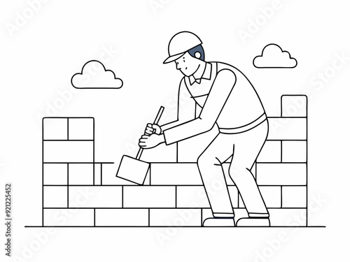 continuous single line drawing of mason building wall, bricklaying line art vector illustration
