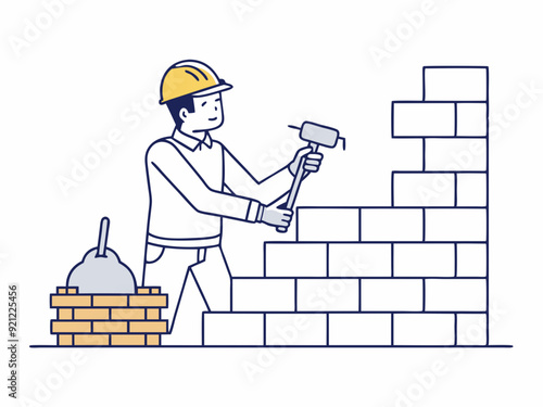 continuous single line drawing of mason building wall, bricklaying line art vector illustration
