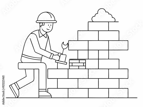 continuous single line drawing of mason building wall, bricklaying line art vector illustration
