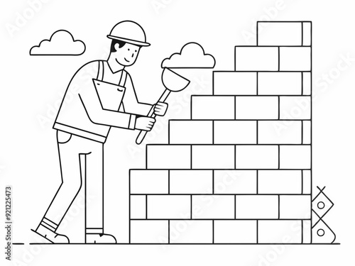 continuous single line drawing of mason building wall, bricklaying line art vector illustration
