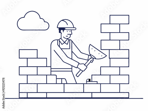 continuous single line drawing of mason building wall, bricklaying line art vector illustration
