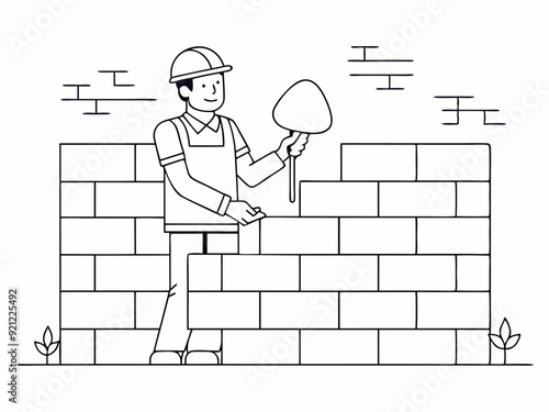 continuous single line drawing of mason building wall, bricklaying line art vector illustration
