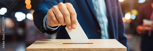 man in formal clothing putting a chit in a ballot box , voting , democracy