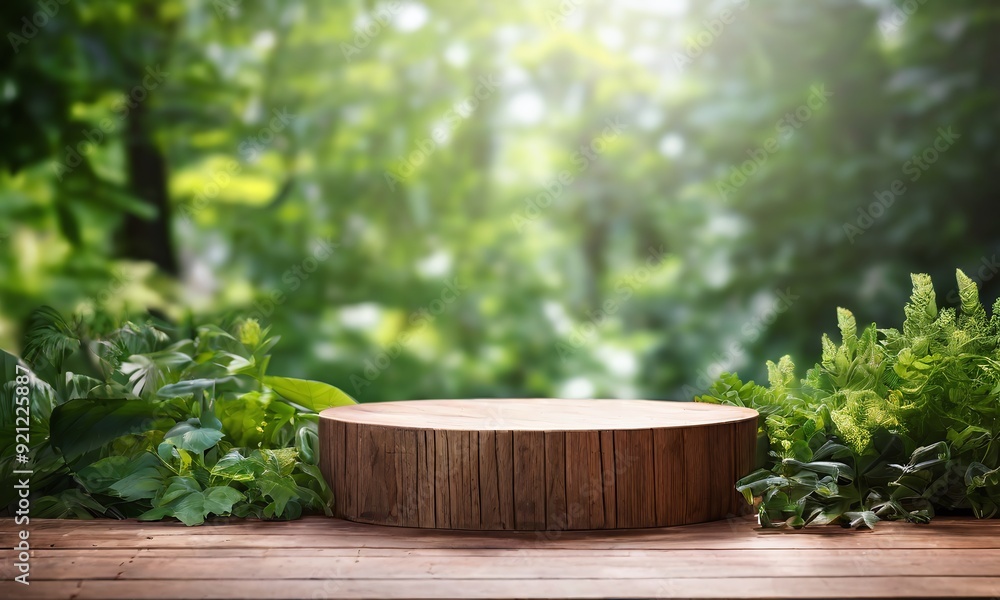 A wooden podium surrounded by greenery, with a bright, natural light setting, and clear copy space for text A wooden podium surrounded by greenery, with a bright, natural light setting, and clear copy space for text