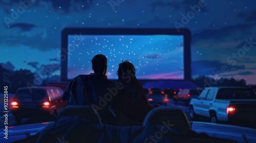 A couple enjoying a date night at a drive-in movie theater, capturing the vintage romance of watching films under the stars. Concept of retro date nights. Generative Ai. photo