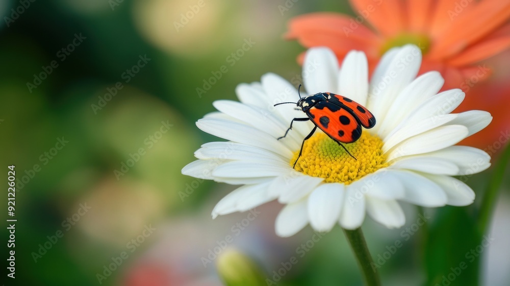 A ladybug is sitting on a white flower A ladybug is sitting on a white flower