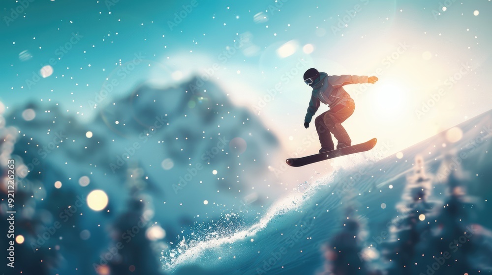 Naklejka premium A snowboarder performing a daring aerial trick, defying gravity against a backdrop of snow capped mountains.