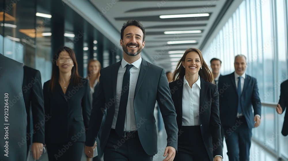 Confident Business Team Walks Together in Modern Office Building Confident Business Team Walks Together in Modern Office Building