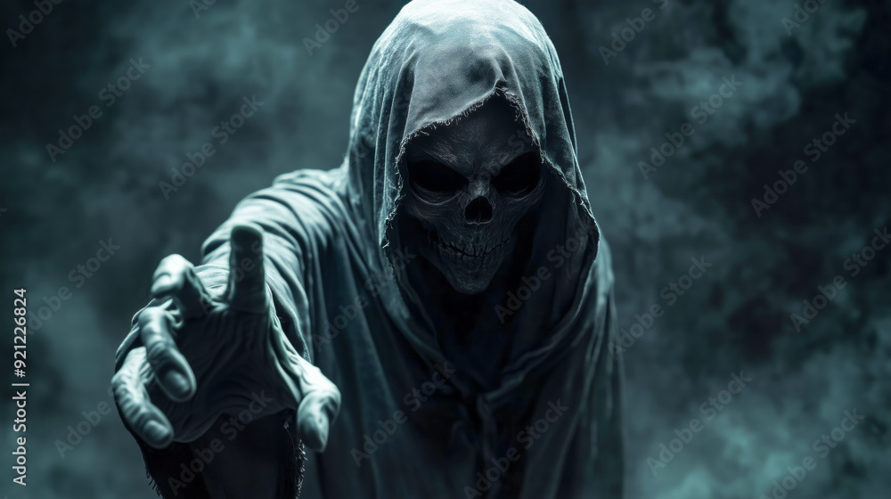 Creepy hooded skeleton reaching out, surrounded by mist and darkness, evoking a spooky and eerie atmosphere. Creepy hooded skeleton reaching out, surrounded by mist and darkness, evoking a spooky and eerie atmosphere.