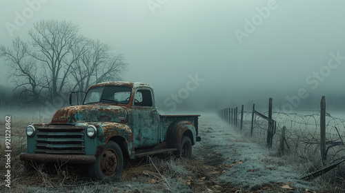 An old truck is parked on a dirt road in a foggy, desolate area. The truck is rusted and he is abandoned. The scene is eerie and gives off a sense of loneliness and abandonment