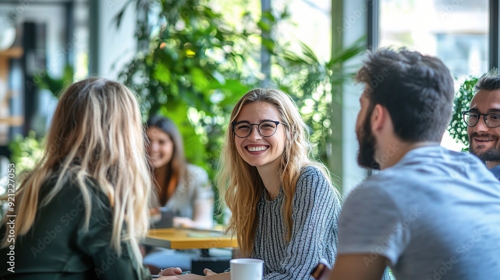 Coffee Shop Conversation: A group of friends share a moment of laughter and connection over coffee, their smiles radiating warmth and genuine friendship. Coffee Shop Conversation: A group of friends share a moment of laughter and connection over coffee, their smiles radiating warmth and genuine friendship.