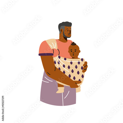 Happy young father carrying baby in sling, vector cartoon African parent man walking with infant in baby carrier wrap