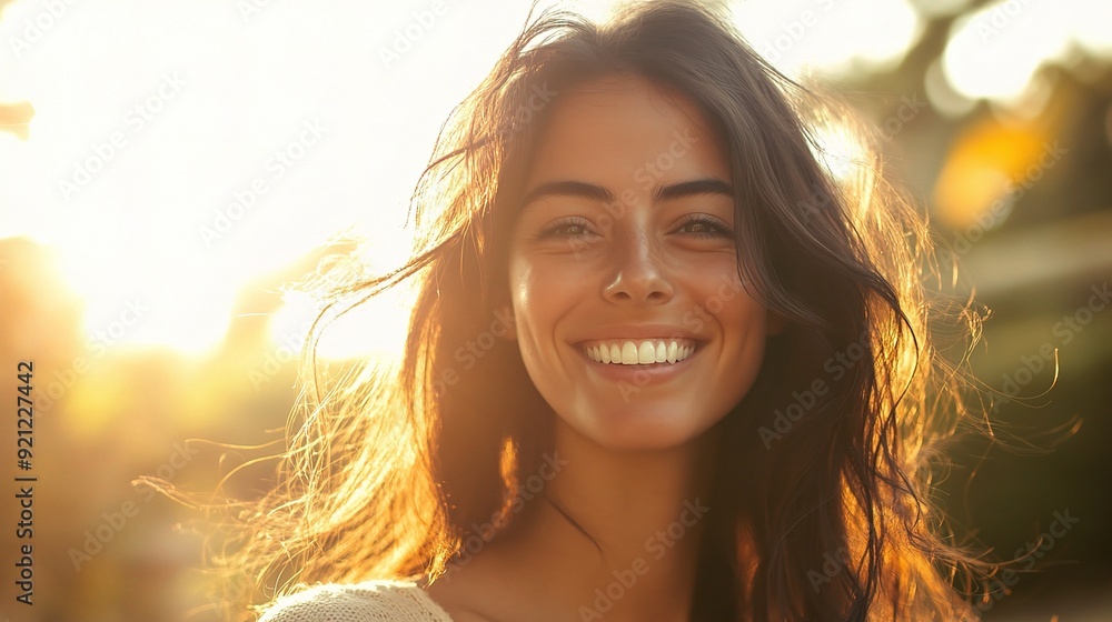 Golden Hour Glow: A portrait of a young woman radiating joy as golden sunlight illuminates her beautiful, natural smile. Golden Hour Glow: A portrait of a young woman radiating joy as golden sunlight illuminates her beautiful, natural smile.