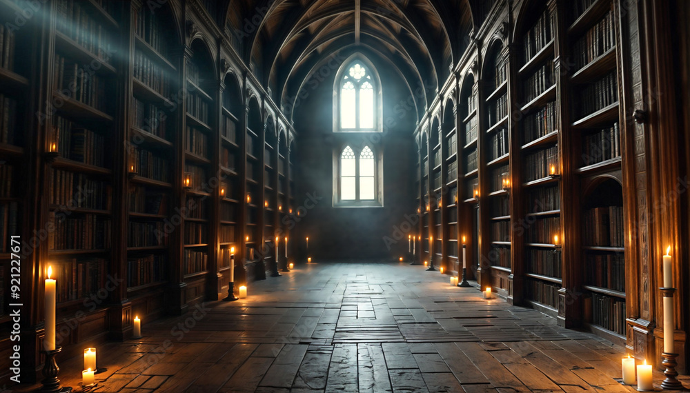 an old, wooden library with bookshelves on either side and a window at the end. The room has a cathedral-like ceiling and is filled with sunlight. There are several flickering candles an old, wooden library with bookshelves on either side and a window at the end. The room has a cathedral-like ceiling and is filled with sunlight. There are several flickering candles