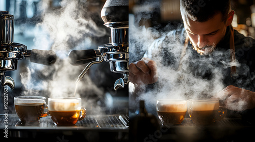 A series of close-up portraits of coffee baristas, with steam rising from espresso machines, captured in the act of perfecting a cup of coffee.