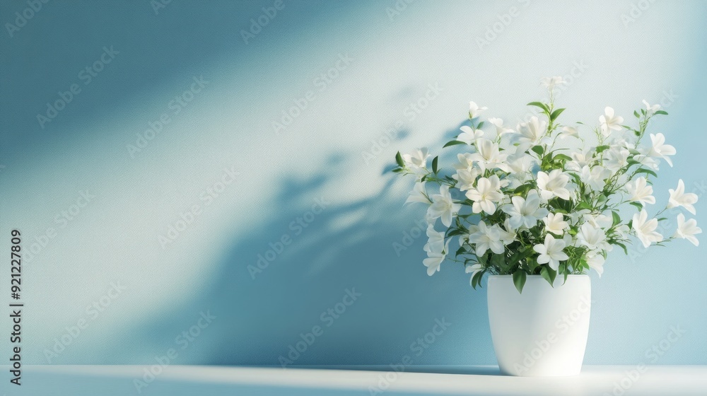 A white flower vase sits on a table in front of a blue wall A white flower vase sits on a table in front of a blue wall