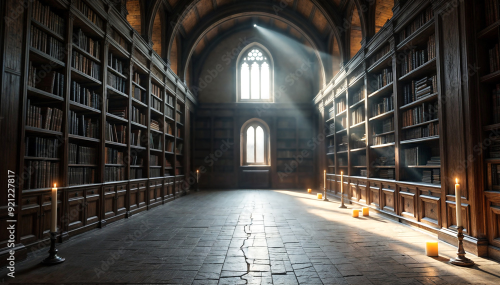 an old, wooden library with bookshelves on either side and a window at the end. The room has a cathedral-like ceiling and is filled with sunlight. There are several flickering candles an old, wooden library with bookshelves on either side and a window at the end. The room has a cathedral-like ceiling and is filled with sunlight. There are several flickering candles