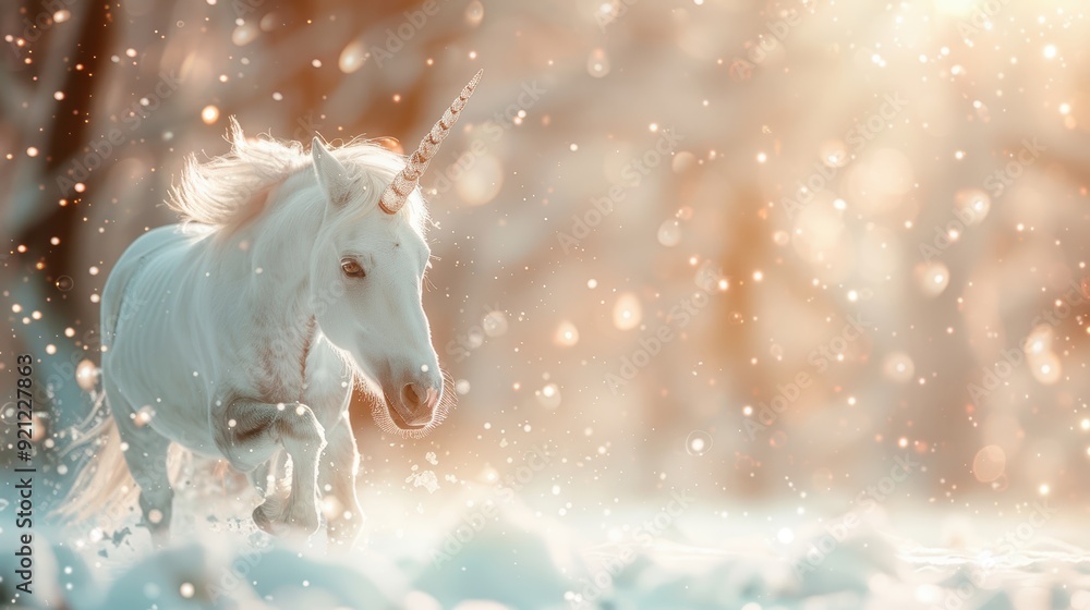 A fantastical scene of a frozen unicorn galloping through a snow covered forest, its horn glowing with a magical light. A fantastical scene of a frozen unicorn galloping through a snow covered forest, its horn glowing with a magical light.