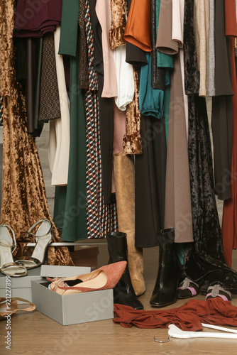 Untidy cluttered woman wardrobe with stylish clothes and accessories. Messy clothes thrown on a clothes rack, on the ground. Concept of over consumerism, shopaholic and compulsive buying disorder. photo