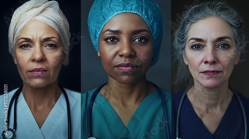 A series of close-up portraits of nurses administering care, with gentle hands and focused expressions, captured in moments of compassion.


