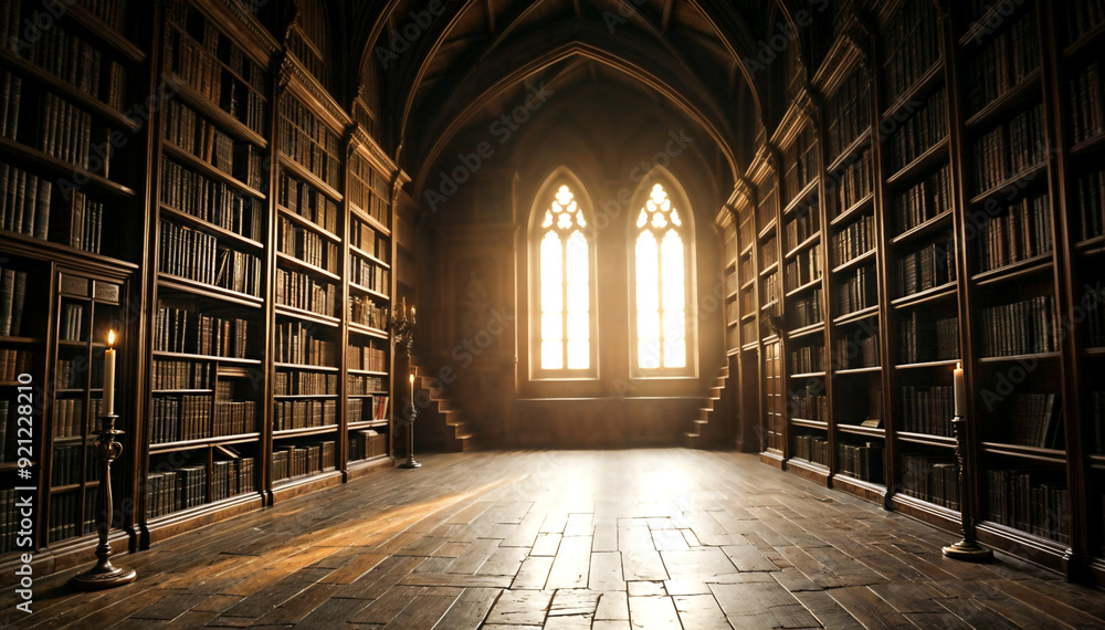 an old, wooden library with bookshelves on either side and a window at the end. The room has a cathedral-like ceiling and is filled with sunlight. There are several flickering candles an old, wooden library with bookshelves on either side and a window at the end. The room has a cathedral-like ceiling and is filled with sunlight. There are several flickering candles