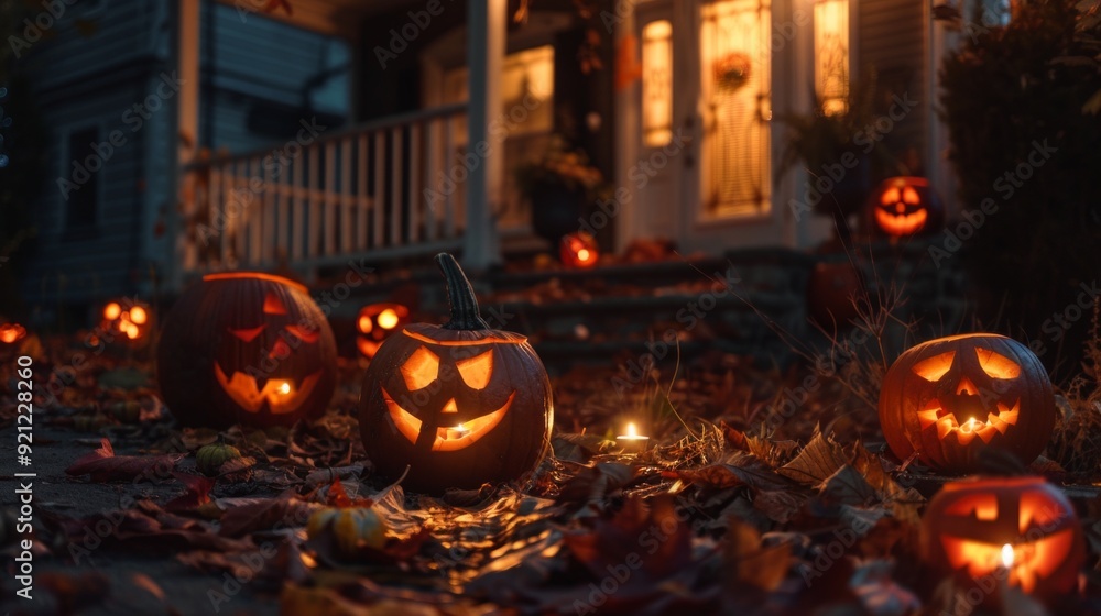 Glowing jack-o'-lanterns with autumn leaves on a porch for Halloween Glowing jack-o'-lanterns with autumn leaves on a porch for Halloween