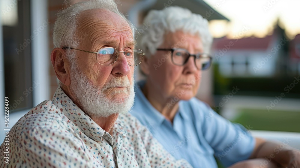 An elderly man and woman sit closely together on a porch, enjoying each other's company during a calm evening with a peaceful suburban neighborhood in the background. An elderly man and woman sit closely together on a porch, enjoying each other's company during a calm evening with a peaceful suburban neighborhood in the background.