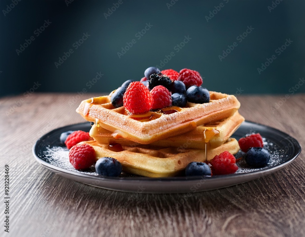 Delicious waffles with berries and syrup on table Delicious waffles with berries and syrup on table