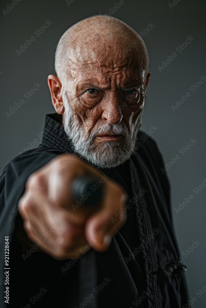Senior Man Practicing Self Defense Tools in a Safe Studio Environment with Determined Expression Senior Man Practicing Self Defense Tools in a Safe Studio Environment with Determined Expression