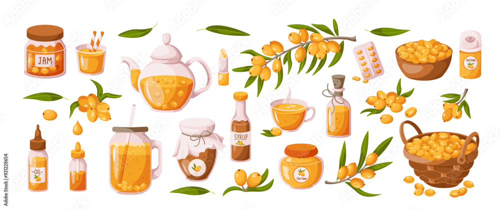 Sea buckthorn berries products 2D cartoon objects set. Healthy food and cosmetics ingredients flat line vector icons on white background Sea buckthorn berries products 2D cartoon objects set. Healthy food and cosmetics ingredients flat line vector icons on white background