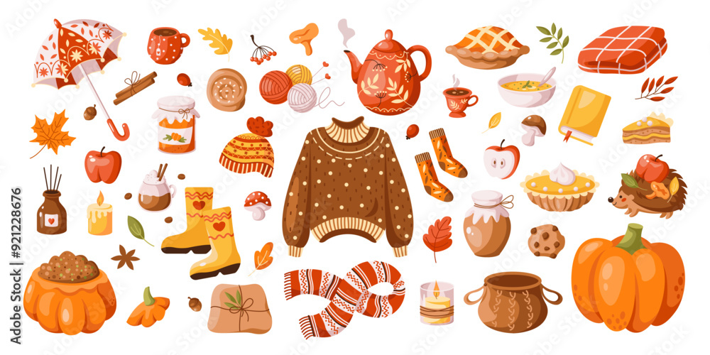Cozy autumn elements 2D cartoon objects set. Warm clothes and tasty food for fall season and Halloween flat line vector icons on white background Cozy autumn elements 2D cartoon objects set. Warm clothes and tasty food for fall season and Halloween flat line vector icons on white background
