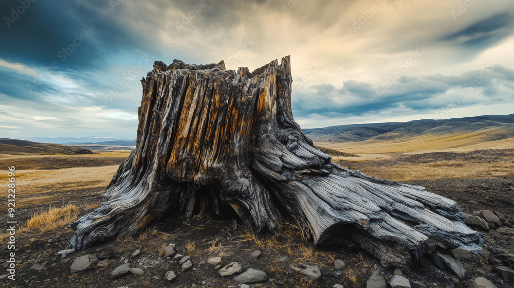 In a rocky, uninhabited landscape, a huge tree stump dominates the space. In a rocky, uninhabited landscape, a huge tree stump dominates the space.